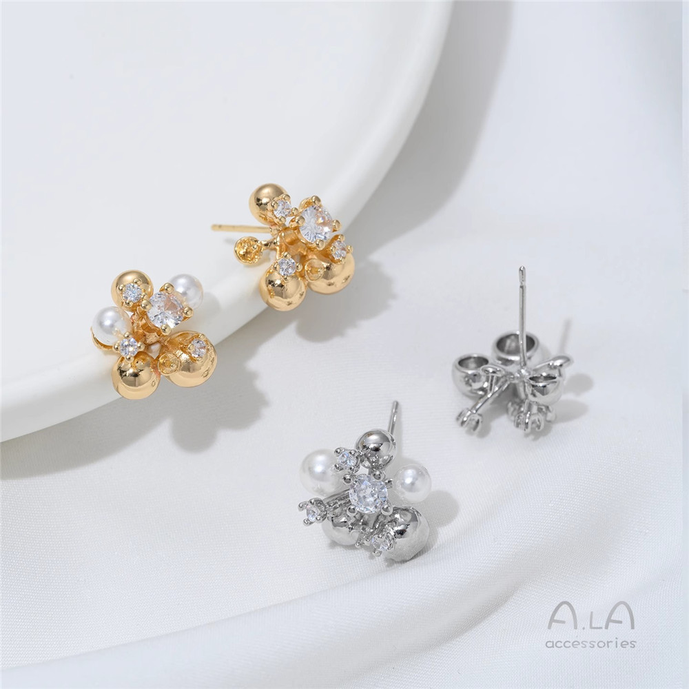 Pearl Stud Earrings - 14K Gold-plated, Zirconium-inlaid Flower Ball, Bead,